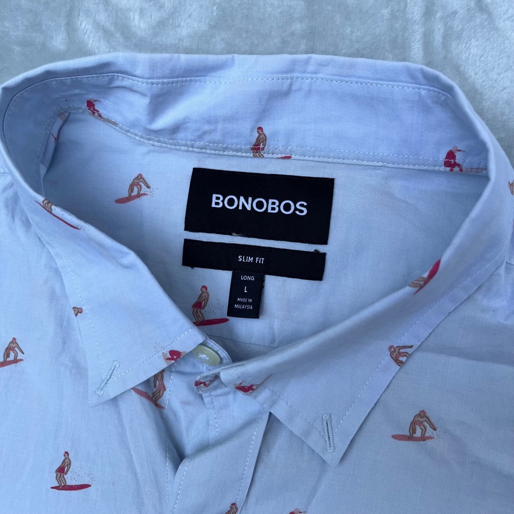 Bonobos Mens Slim Fit Long Surfer Print Button Down Shirt Light Blue Size L
